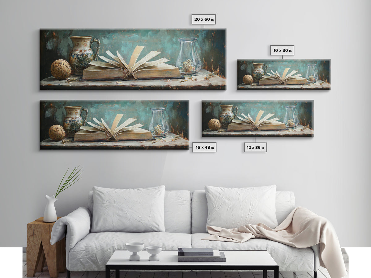 Open Antique Book With Vases Canvas Print, Dark Academia Wall Art, Literary Decor, Moody Library Reading Nook Home Decor