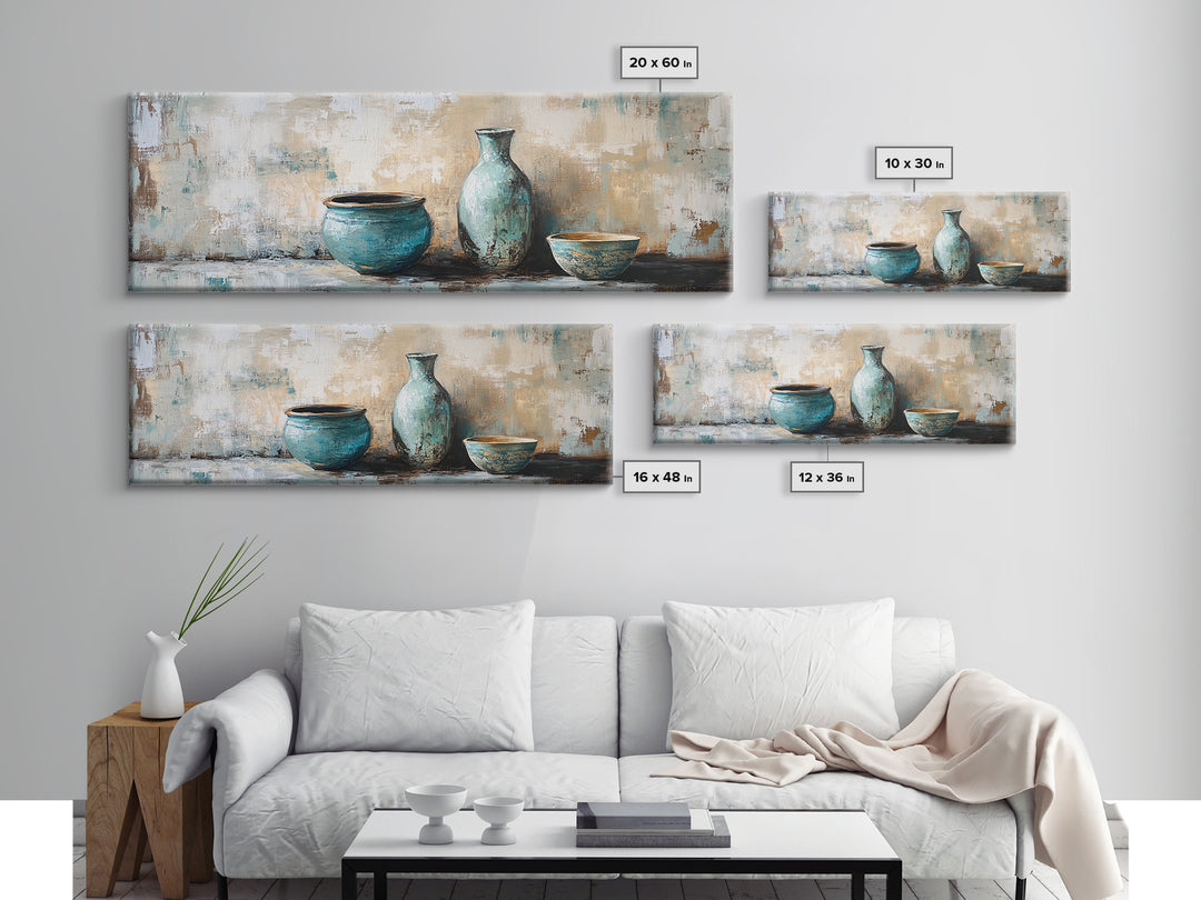 Turquoise Ceramic Vessels Still Life, Rustic Neutral Framed Canvas Print, Kitchen Wall Art, Modern Farmhouse Housewarming Gift