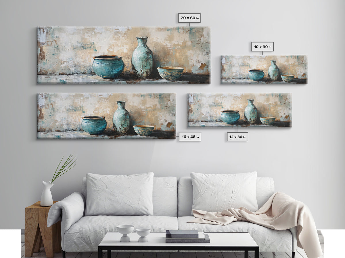 Turquoise Ceramic Vessels Still Life, Rustic Neutral Framed Canvas Print, Kitchen Wall Art, Modern Farmhouse Housewarming Gift