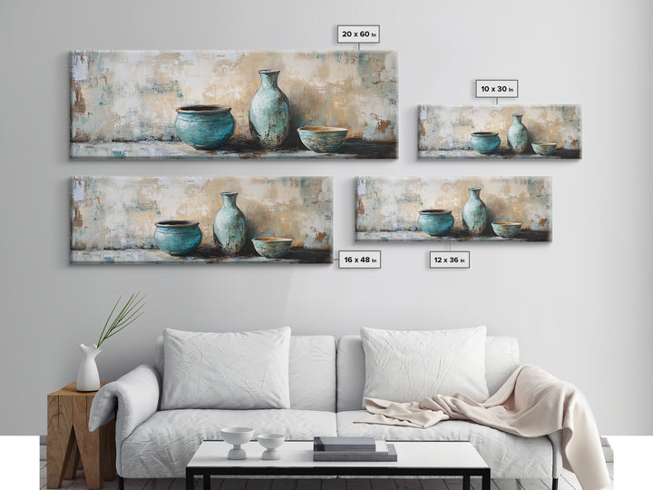 Turquoise Ceramic Vessels Still Life, Rustic Neutral Framed Canvas Print, Kitchen Wall Art, Modern Farmhouse Housewarming Gift