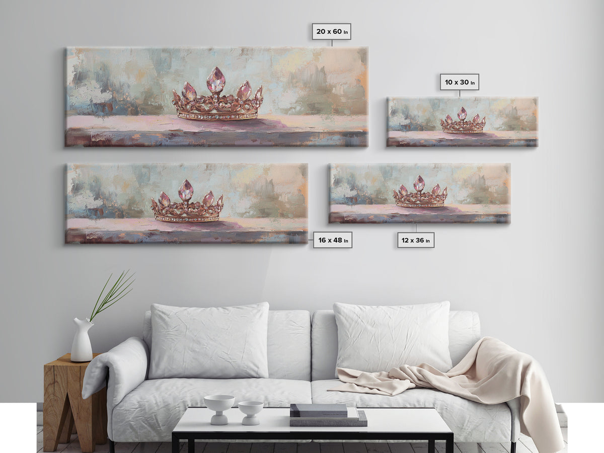 Jeweled Princess Crown Still Life Framed Canvas Print, Feminine Wall Art, Romantic Bedroom Decor, Coquette Room Decor Gift For Her