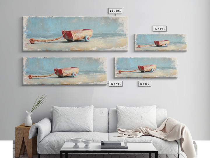 Small Red Toy Boat With Rope Framed Canvas Print, Nautical Wall Art, Coastal Nursery Decor, Beach House Gift For Kids Room Decor