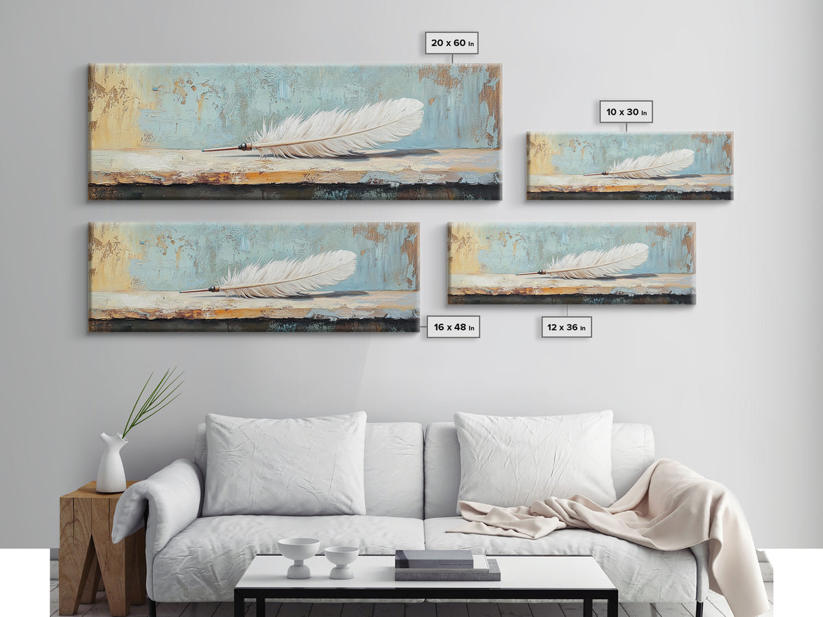White Feather Still Life On Blue Canvas Print, Boho Wall Art, Minimalist Nature Decor, Peaceful Bedroom Decor Gift For Her