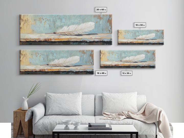 White Feather Still Life On Blue Canvas Print, Boho Wall Art, Minimalist Nature Decor, Peaceful Bedroom Decor Gift For Her