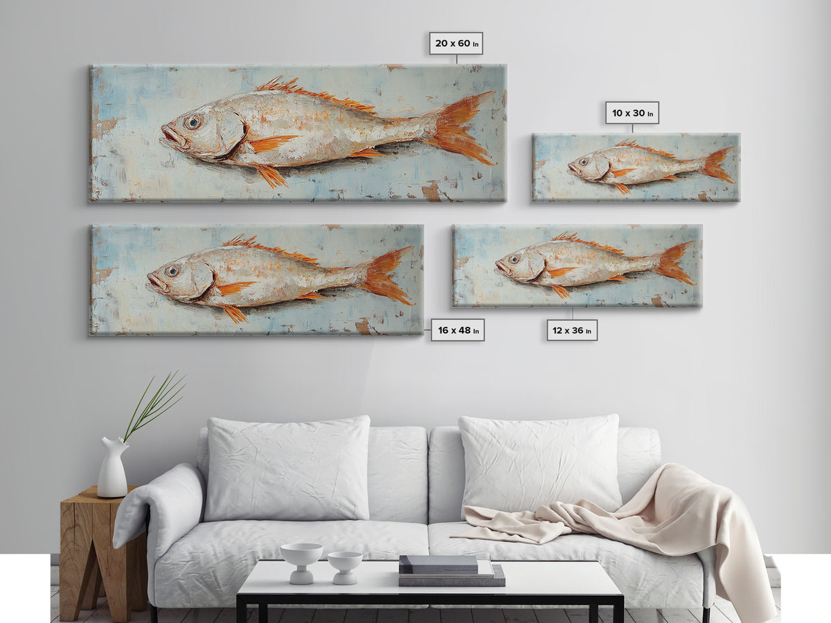 Textured Silver Fish Coastal Wall Art, Nautical Kitchen Decor, Seafood Painting Print, Beach House Ocean Art, Rustic Canvas