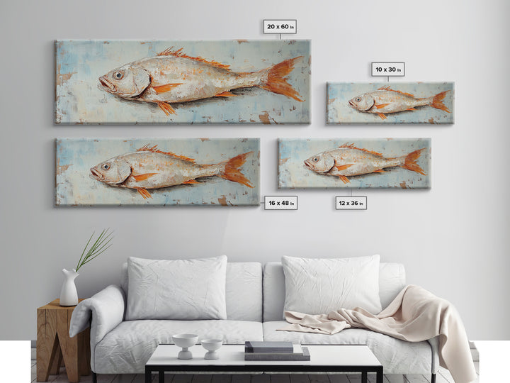 Textured Silver Fish Coastal Wall Art, Nautical Kitchen Decor, Seafood Painting Print, Beach House Ocean Art, Rustic Canvas