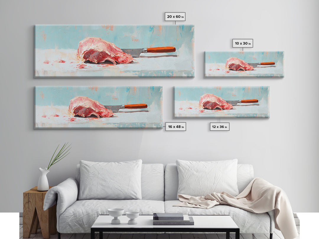 Pink Steak And Knife Kitchen Canvas Print, Butcher Shop Wall Decor, Foodie Gift, Rustic Still Life Art For Dining Room Decor