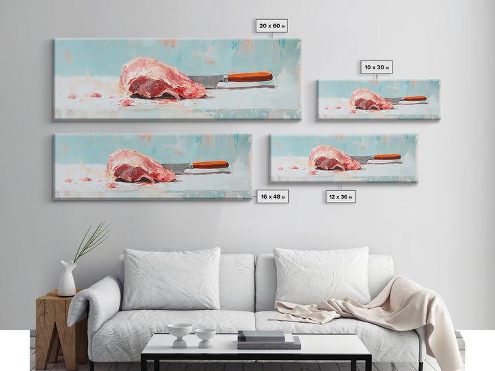 Pink Steak And Knife Kitchen Canvas Print, Butcher Shop Wall Decor, Foodie Gift, Rustic Still Life Art For Dining Room Decor