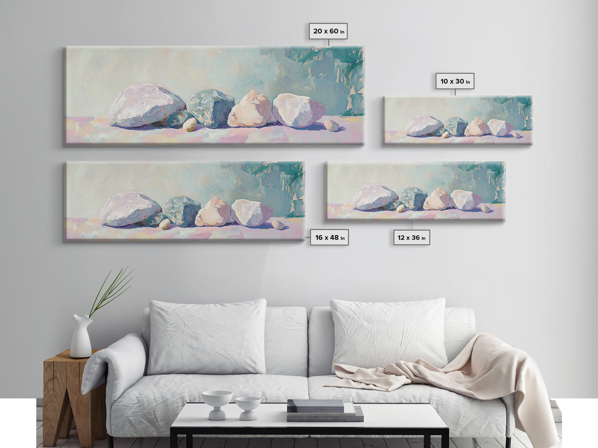 Pastel Stone Still Life Wall Art, Neutral Coastal Canvas Print, Minimalist Nature Decor, Serene Living Room Wall Decor Prints