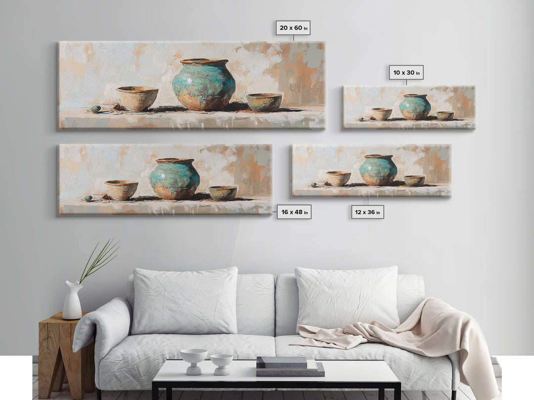 Turquoise Pottery Still Life Wall Art, Rustic Kitchen Decor, Farmhouse Canvas Print, Neutral Dining Room Art Print Gift Idea