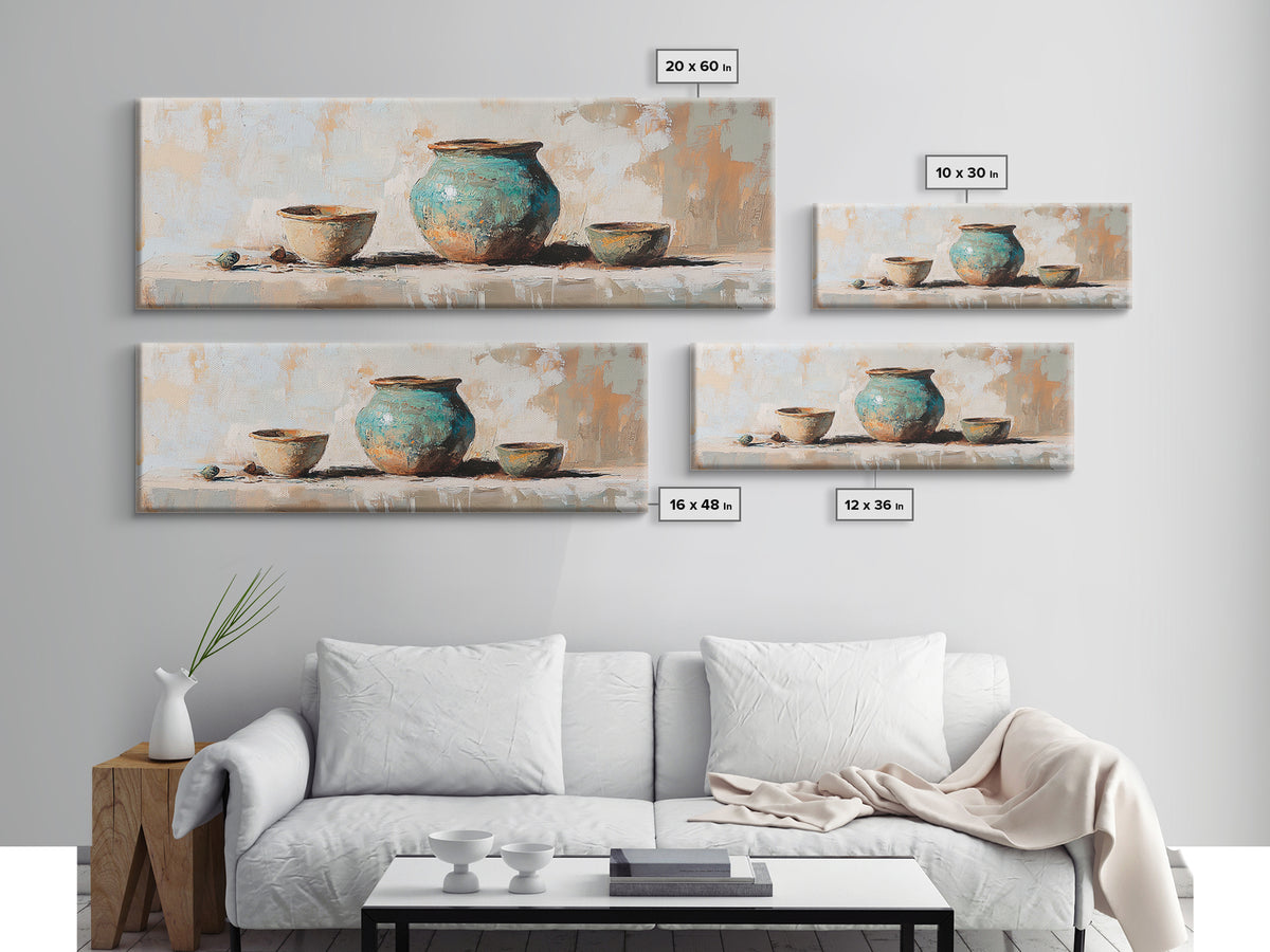 Turquoise Pottery Still Life Wall Art, Rustic Kitchen Decor, Farmhouse Canvas Print, Neutral Dining Room Art Print Gift Idea