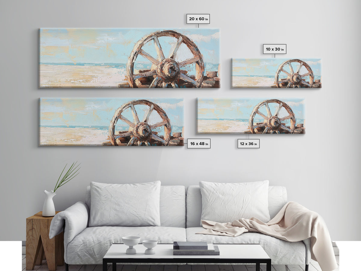 Weathered Wagon Wheel Wall Art, Coastal Beach Decor, Rustic Nautical Canvas Print, Beach House Wall Decor, Large Seascape Gift