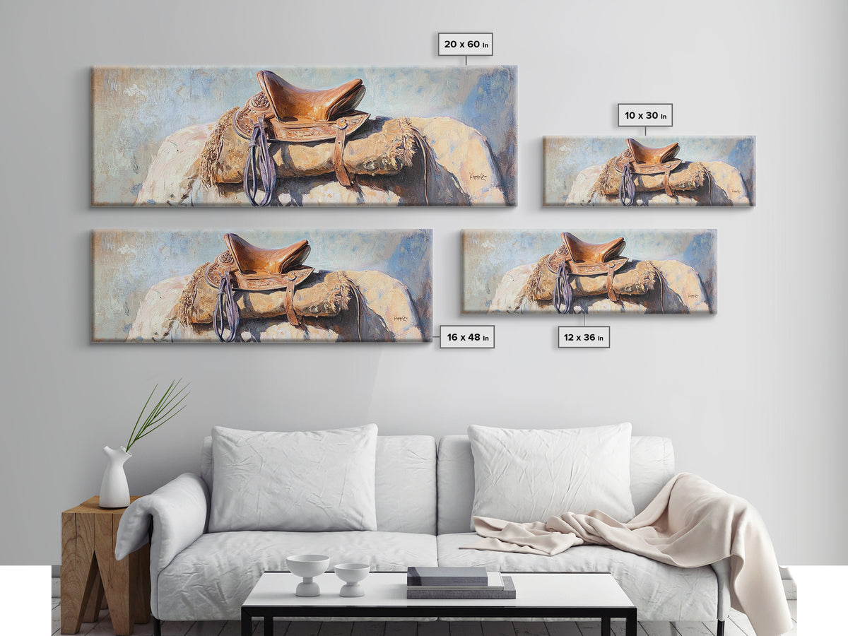 Western Horse Saddle Wall Art, Rustic Ranch Decor, Cowboy Farmhouse Canvas Print, Equestrian Wall Decor, Horse Lover Gift For Him