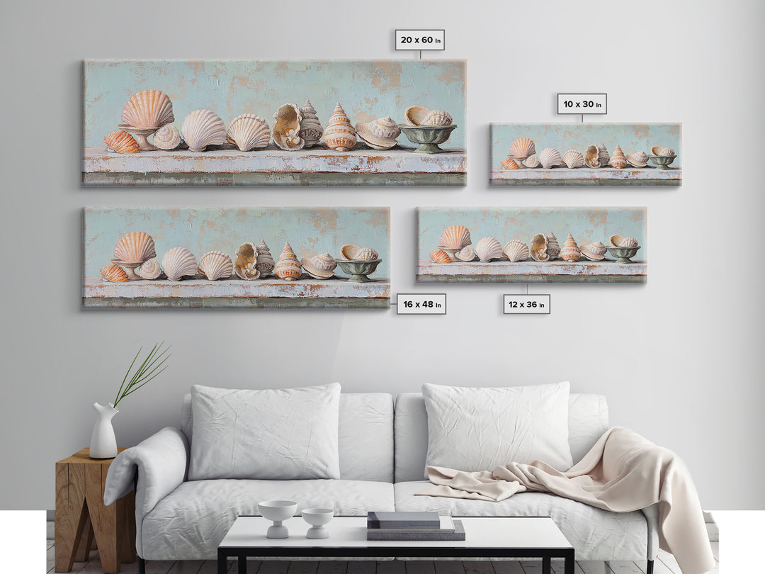 Pastel Seashell Shelf Still Life Framed Canvas Print, Coastal Wall Art, Beach House Decor, Nautical Bathroom Wall Decor, Ocean Print