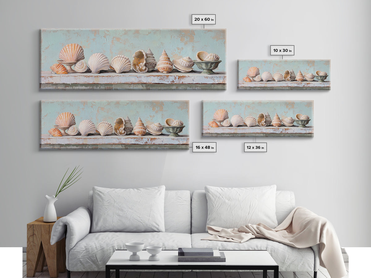Pastel Seashell Shelf Still Life Framed Canvas Print, Coastal Wall Art, Beach House Decor, Nautical Bathroom Wall Decor, Ocean Print