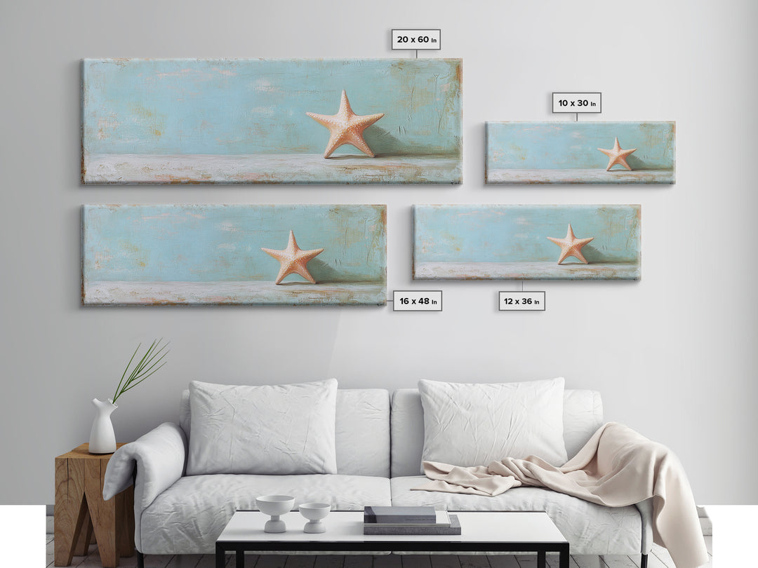 Single Starfish On Weathered Blue Shelf Wall Art, Minimalist Coastal Decor, Beach House Bathroom Canvas Print, Ocean Wall Decor