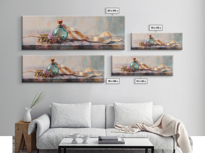 Coastal Bottle Ribbon And Shell Still Life Framed Canvas Print, Beach House Wall Art, Nautical Decor, Soft Pastel Art, Home Decor