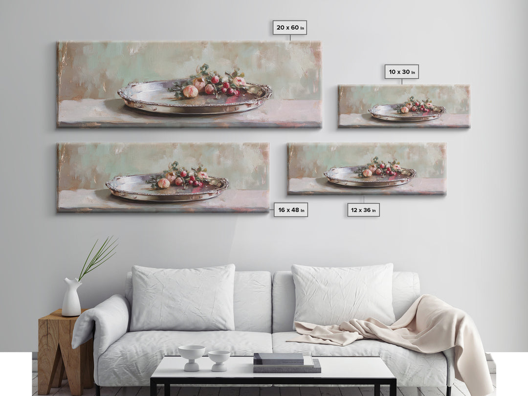 Antique Silver Tray With Red Berries Wall Art, Rustic Still Life Framed Canvas Print, Farmhouse Dining Room Decor, Kitchen Wall Decor