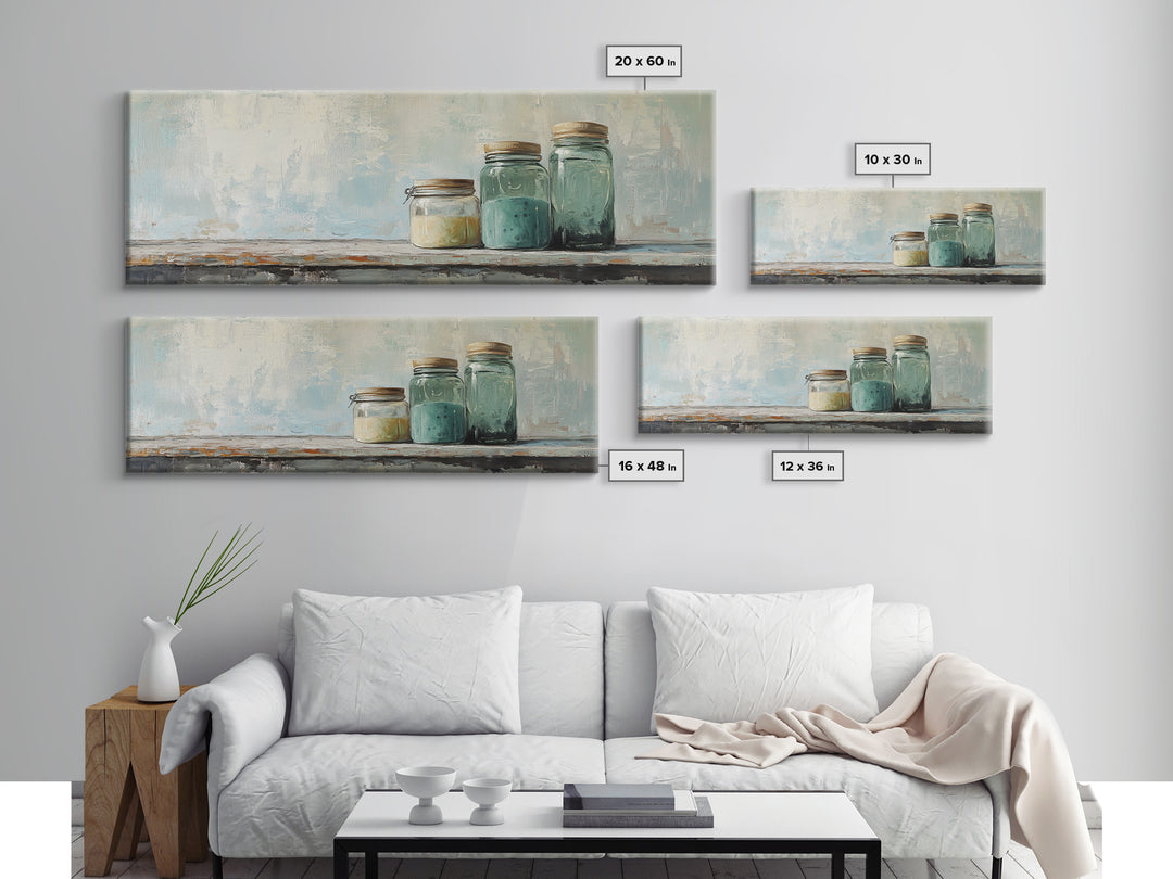 Minimalist Blue Glass Jars Canvas Print, Rustic Kitchen Wall Decor, Neutral Home Decor, Farmhouse Art, Modern Still Life Print