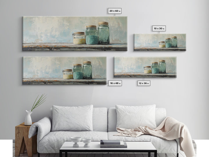 Minimalist Blue Glass Jars Canvas Print, Rustic Kitchen Wall Decor, Neutral Home Decor, Farmhouse Art, Modern Still Life Print