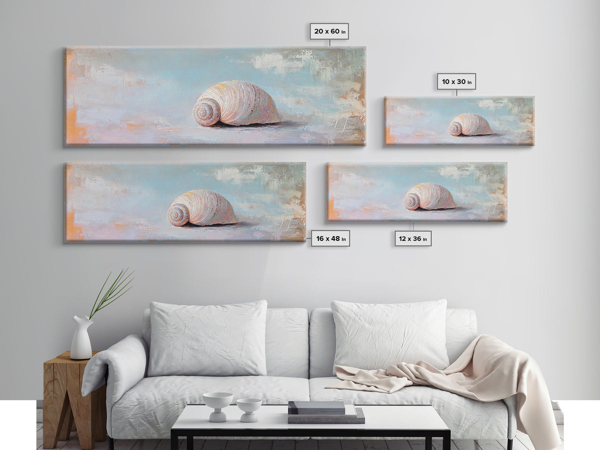 Pastel Seashell On Soft Blue Sand Canvas Print, Coastal Wall Art, Beach House Decor, Ocean Nursery Art, Seaside Gift For Her