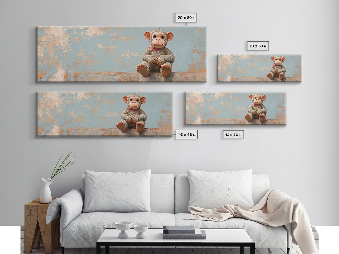 Plush Monkey Toy On Blue Nursery Wall Art, Whimsical Animal Art, Kids Room Decor, Baby Shower Gift, Cute Animal Canvas Print