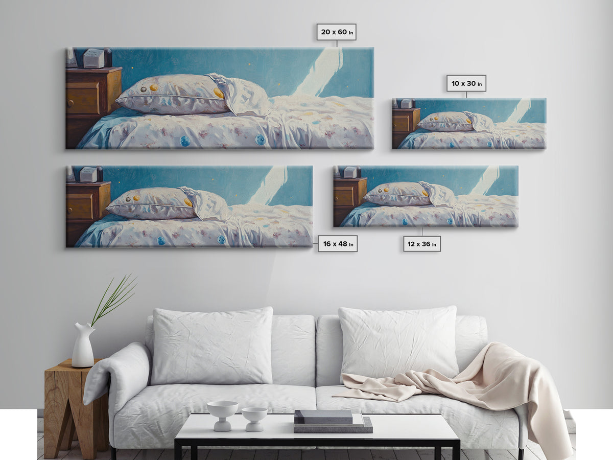 Sunlit Floral Bed With Blue Pillow Wall Art, Cozy Bedroom Decor, Guest Room Art, Above Bed Print, Romantic Canvas Print For Her