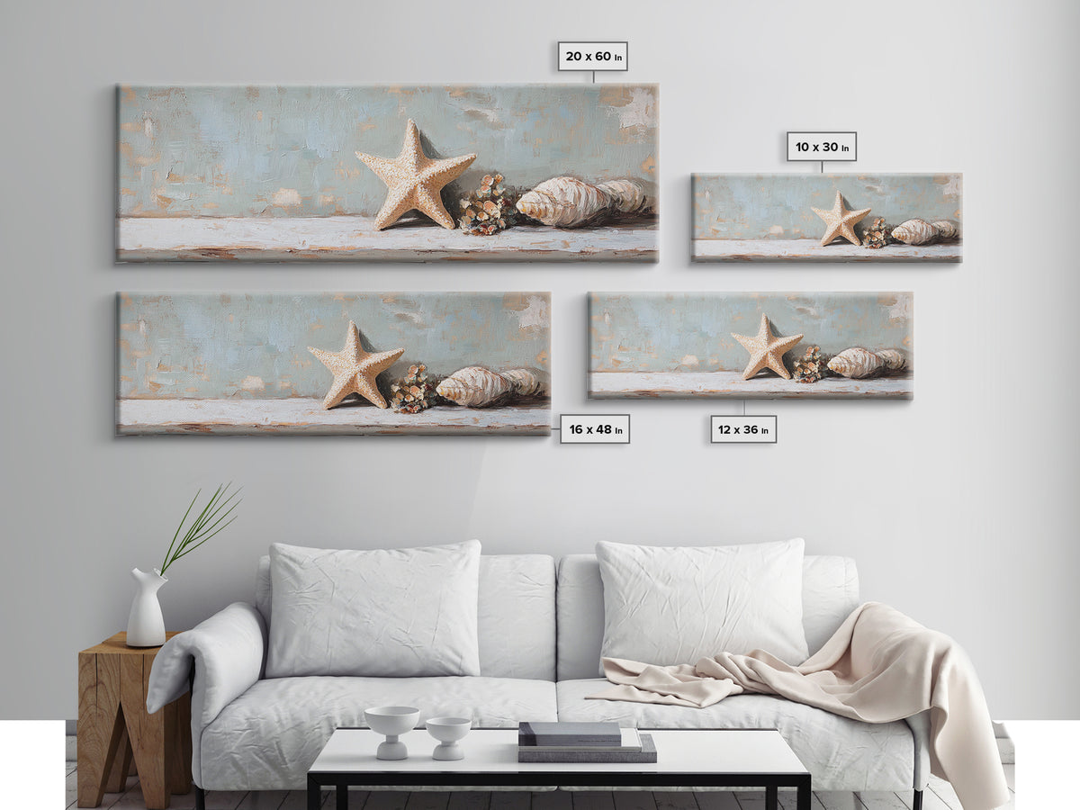 Starfish And Conch Shell Wall Art, Coastal Bathroom Decor, Beach House Canvas Print, Nautical Ocean Home Decor Housewarming Gift
