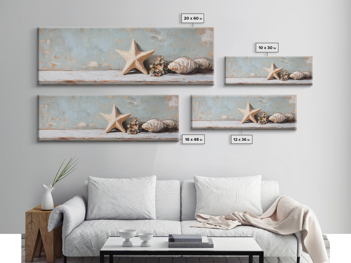 Starfish And Conch Shell Wall Art, Coastal Bathroom Decor, Beach House Canvas Print, Nautical Ocean Home Decor Housewarming Gift