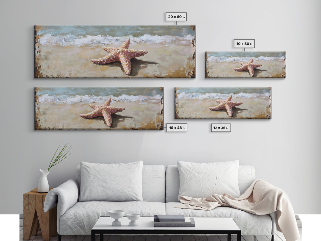 Pink Starfish On Sandy Beach Canvas Print, Coastal Wall Art, Ocean Waves Decor, Summer Beach House Bathroom Wall Decor Gift