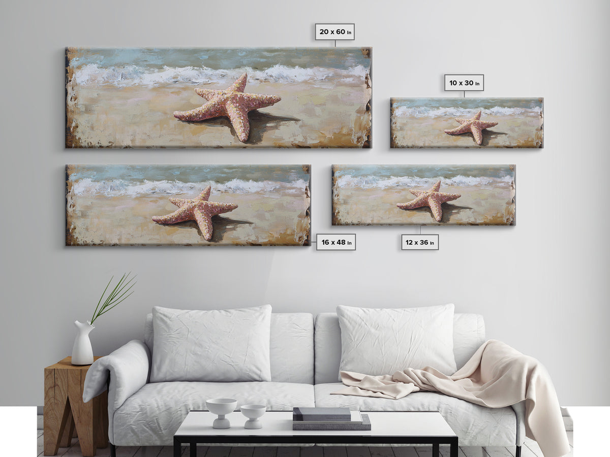 Pink Starfish On Sandy Beach Canvas Print, Coastal Wall Art, Ocean Waves Decor, Summer Beach House Bathroom Wall Decor Gift