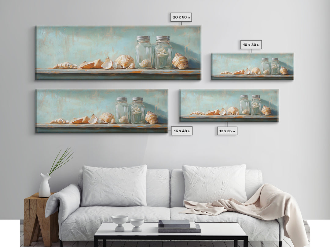 Seashells And Glass Jars Wall Art, Coastal Bathroom Decor, Beach House Canvas Print, Nautical Ocean Home Shelf Decor Gift