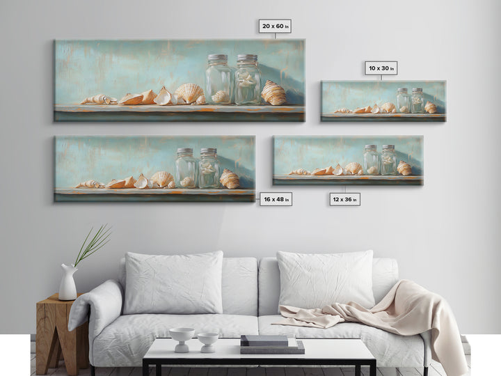 Seashells And Glass Jars Wall Art, Coastal Bathroom Decor, Beach House Canvas Print, Nautical Ocean Home Shelf Decor Gift