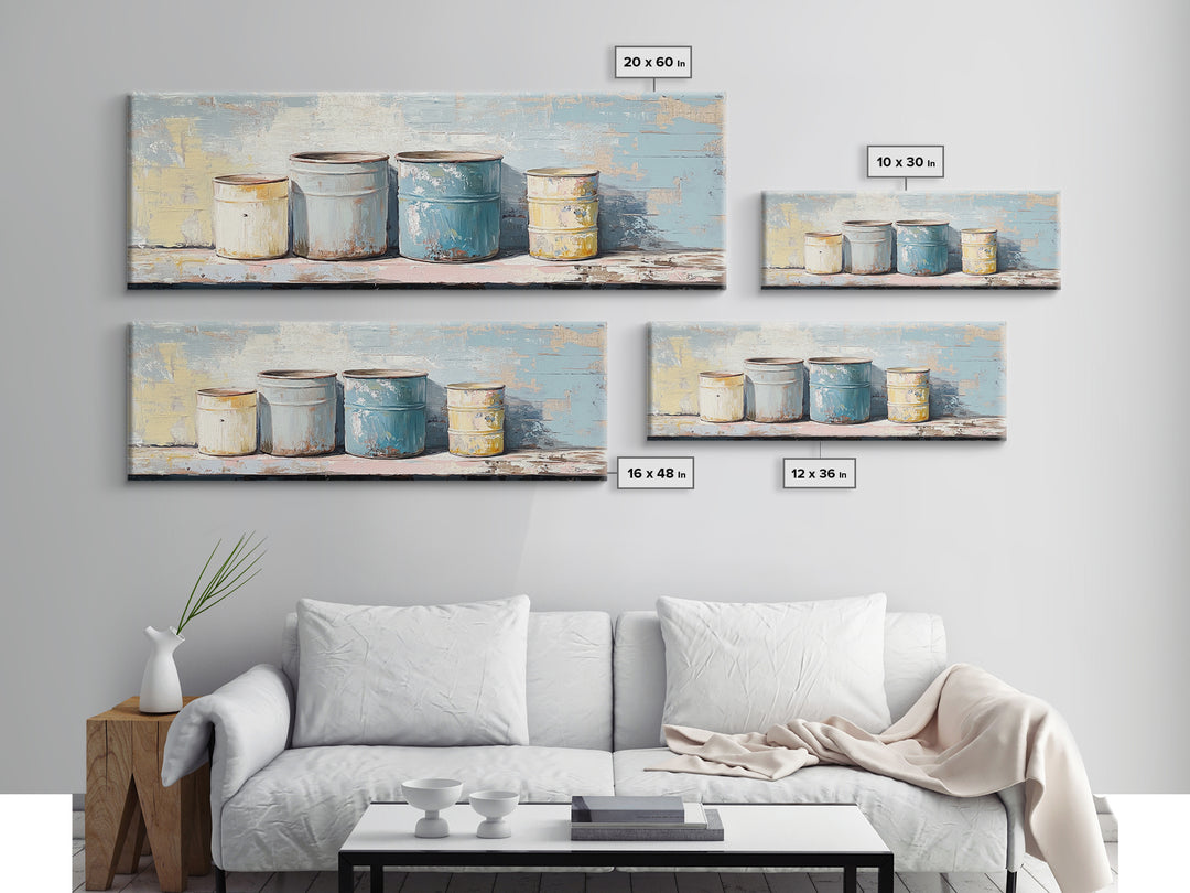 Weathered Paint Cans Still Life Wall Art, Rustic Studio Decor, Industrial Canvas Print, Blue Neutral Workshop Wall Decor Gift