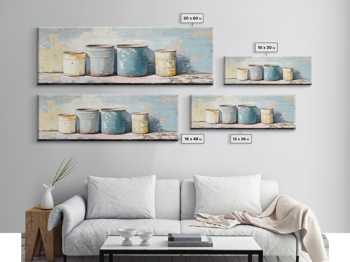 Weathered Paint Cans Still Life Wall Art, Rustic Studio Decor, Industrial Canvas Print, Blue Neutral Workshop Wall Decor Gift