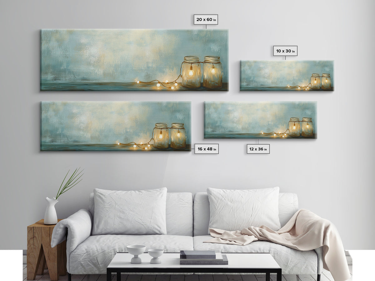 Glowing Mason Jar Lights Canvas Print, Cozy Farmhouse Wall Decor, Rustic Home Decor, Bedroom Art, Housewarming Gift For Her
