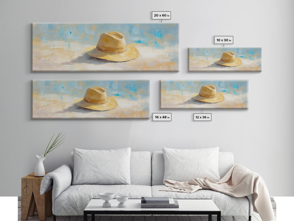 Straw Sun Hat Canvas Print, Coastal Beach Wall Art, Summer Home Decor, Minimalist Seascape, Vacation Housewarming Gift Idea