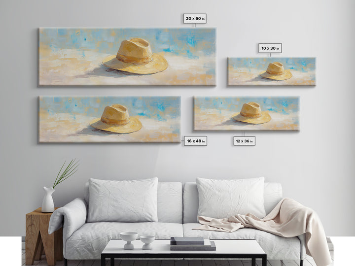 Straw Sun Hat Canvas Print, Coastal Beach Wall Art, Summer Home Decor, Minimalist Seascape, Vacation Housewarming Gift Idea