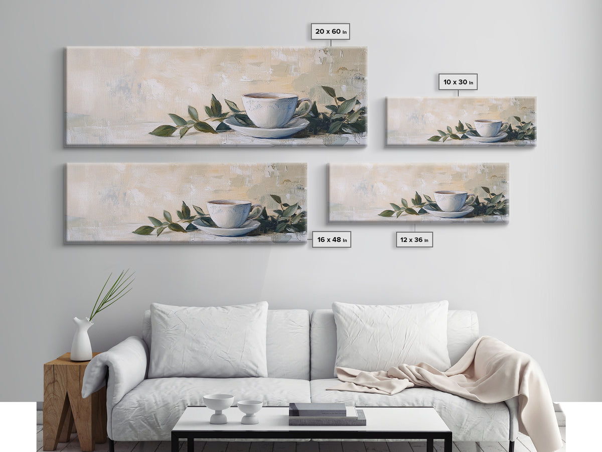 White Teacup With Green Leaves Canvas Print, Neutral Kitchen Wall Art, Rustic Home Decor, Cozy Cafe Art, Housewarming Gift