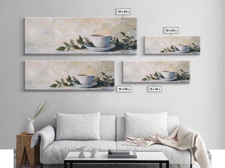 White Teacup With Green Leaves Canvas Print, Neutral Kitchen Wall Art, Rustic Home Decor, Cozy Cafe Art, Housewarming Gift