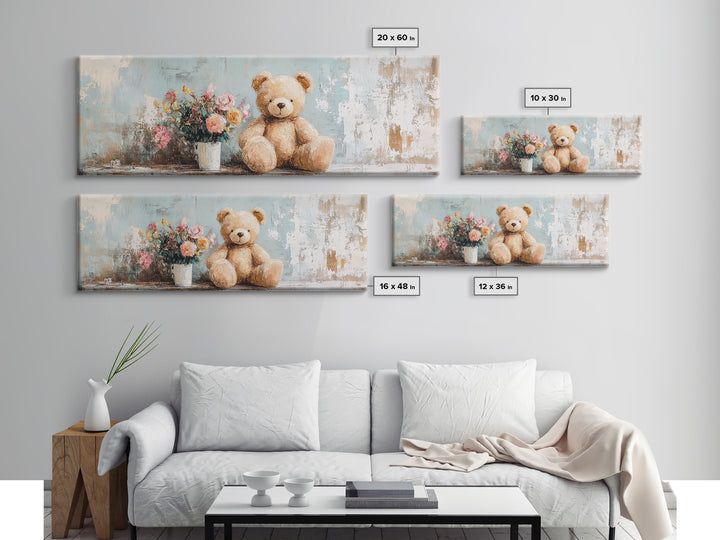 Teddy Bear With Flower Vase Canvas Print, Nursery Wall Art, Whimsical Kids Room Decor, Baby Shower Gift, Cute Animal Art