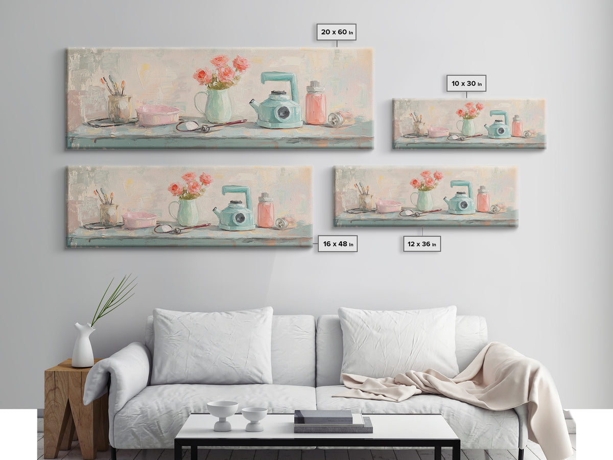 Pastel Vanity Shelf With Flowers Framed Canvas Print, Feminine Bathroom Wall Art, Beauty Room Decor, Gift For Her, Girly Decor