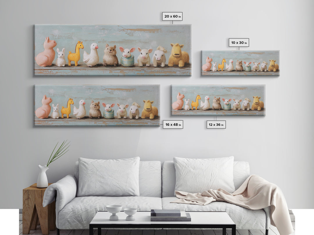 Cute Toy Animal Lineup Canvas Print, Whimsical Nursery Wall Art, Kids Room Decor, Playroom Art, Baby Animal Gift For Her
