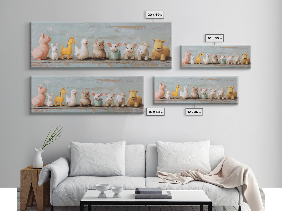 Cute Toy Animal Lineup Canvas Print, Whimsical Nursery Wall Art, Kids Room Decor, Playroom Art, Baby Animal Gift For Her