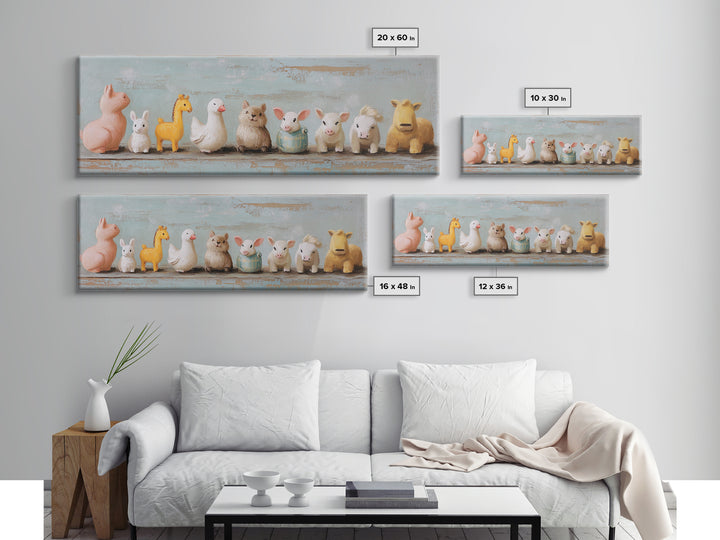 Cute Toy Animal Lineup Canvas Print, Whimsical Nursery Wall Art, Kids Room Decor, Playroom Art, Baby Animal Gift For Her