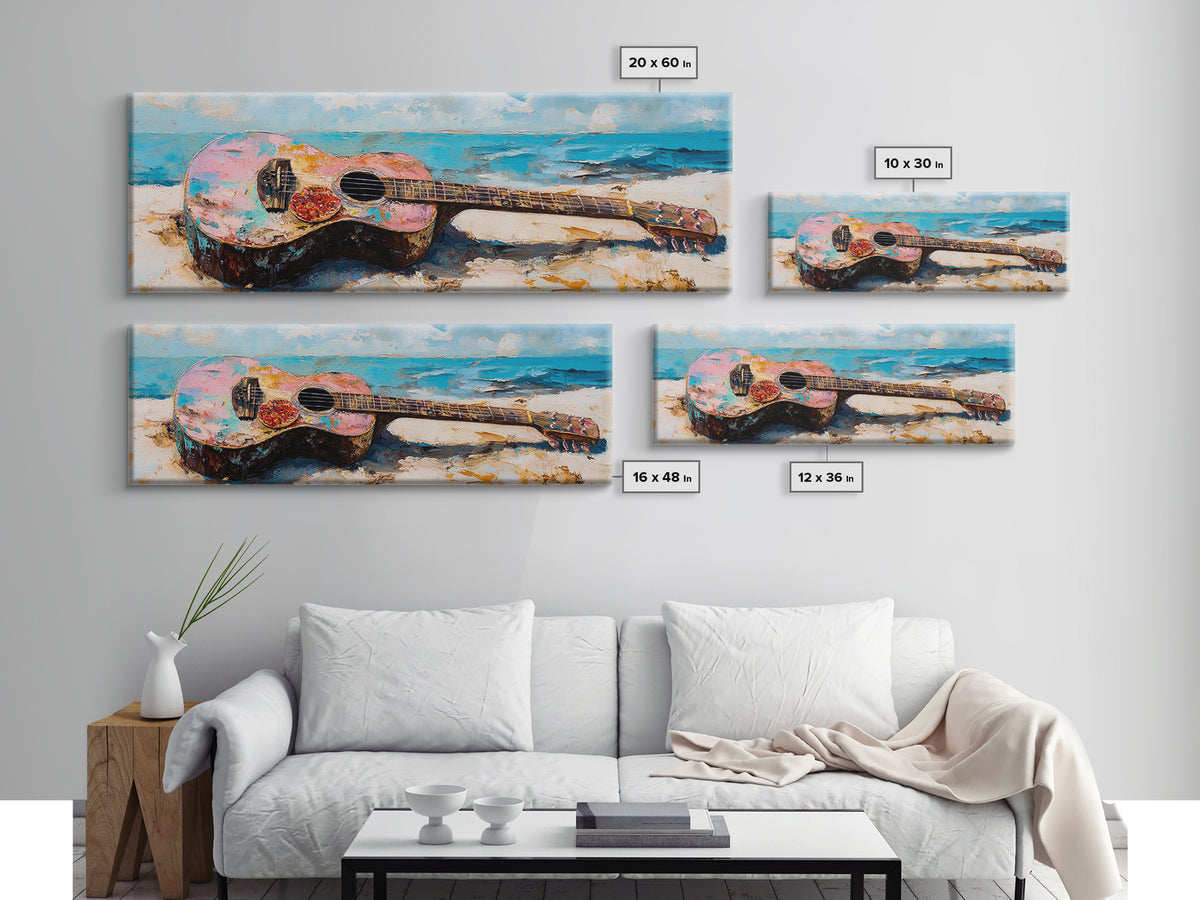 Weathered Acoustic Guitar On Beach Canvas Print, Coastal Wall Art, Music Room Decor, Ocean Art Print, Gift For Guitar Lover