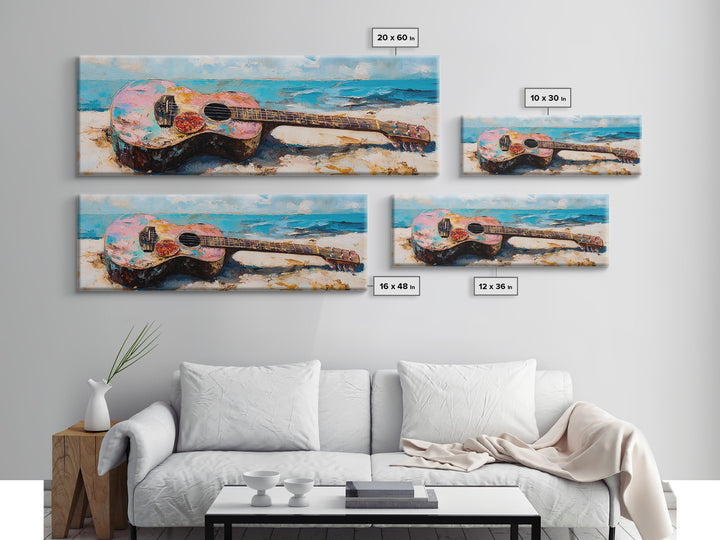 Weathered Acoustic Guitar On Beach Canvas Print, Coastal Wall Art, Music Room Decor, Ocean Art Print, Gift For Guitar Lover