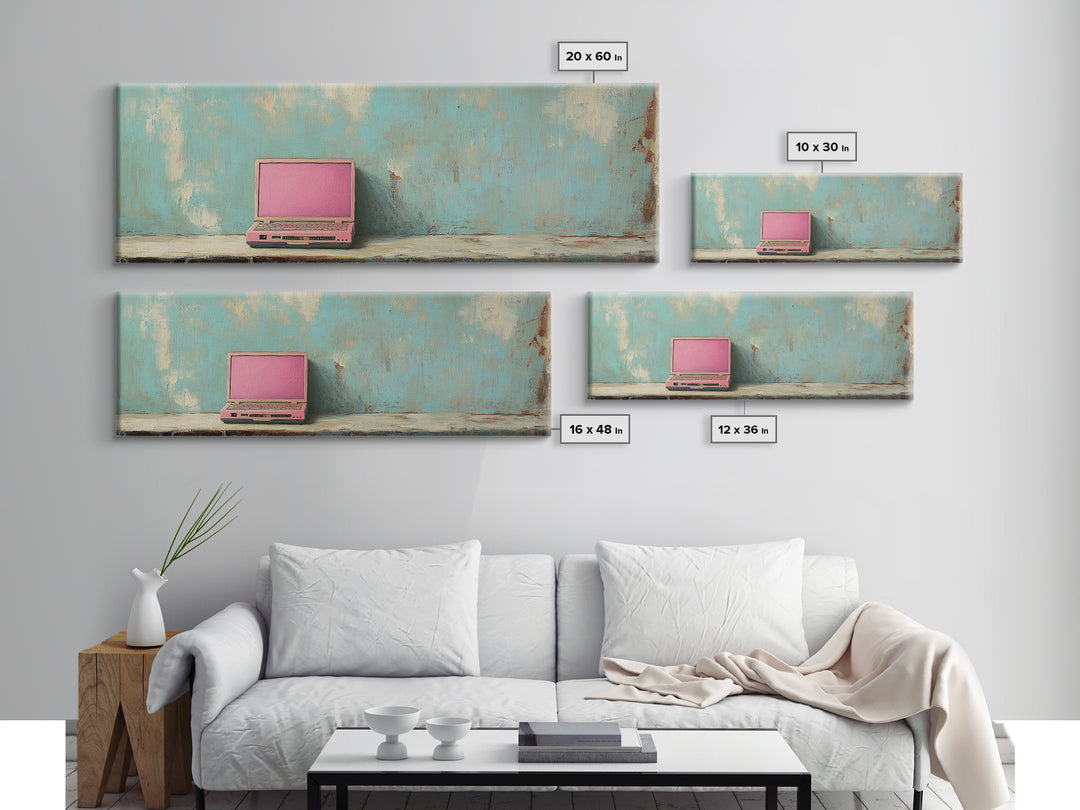 Pink Retro Laptop On Teal Shelf Wall Art, Minimalist Office Decor, Tech Art Print, Dorm Room Decor, Modern Wall Decor Gift