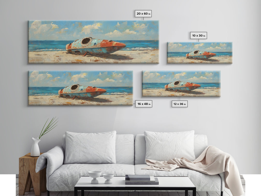 Retro Space Capsule On Beach Canvas Print, Coastal Sci Fi Wall Decor, Space Wall Art, Ocean Decor, Gift For Him, Beach House Decor