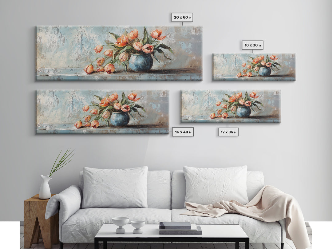 Orange Tulips In Blue Vase Framed Canvas Print, Rustic Floral Wall Art, Farmhouse Decor, Still Life Painting Gift For Her